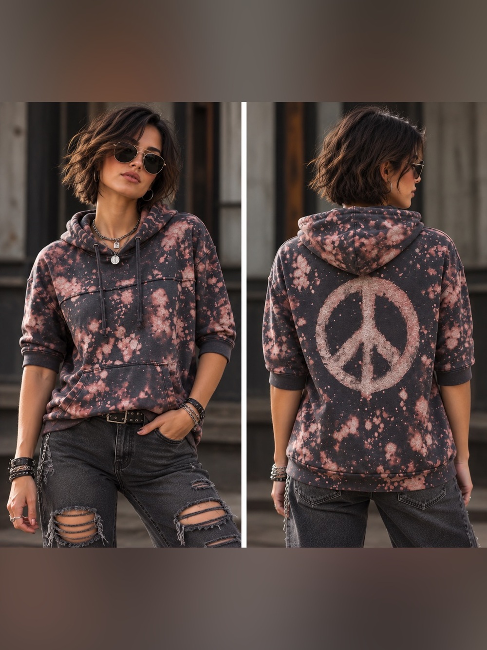 Men's Black Bleach-Splatter Hoodie with Rust Accents
